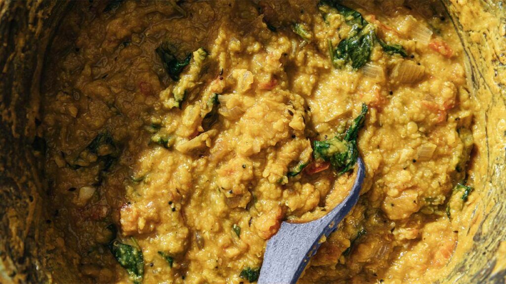 A close-up of a lentil dhal, which is rich in vegetable protein