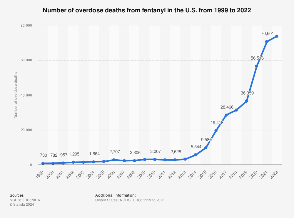 Statistics: Number of Fentanyl Overdose Deaths in the US from 1999 to 2022 |  The extra